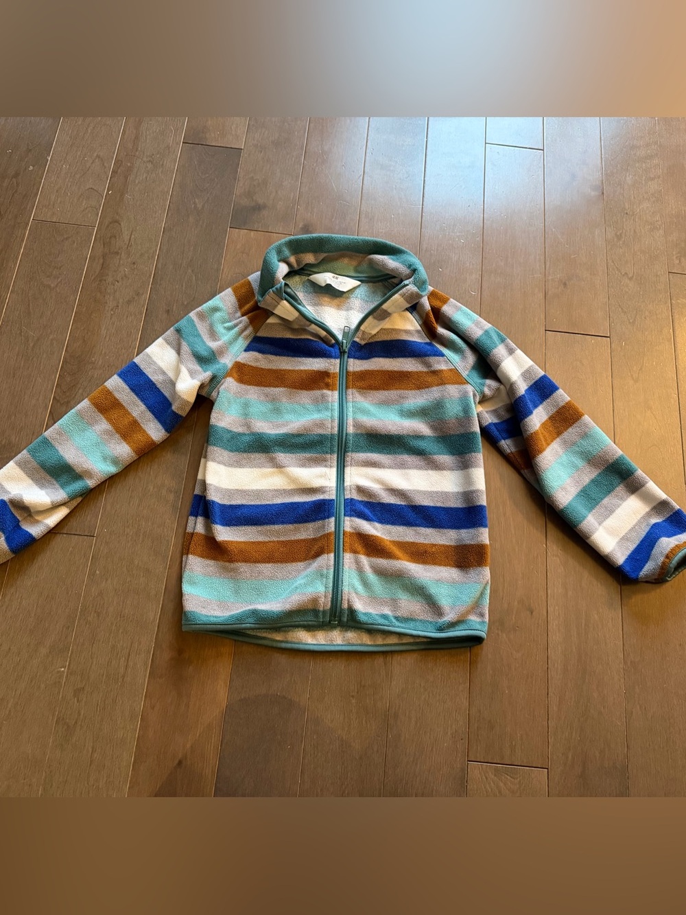 H&M Striped Zip-Up Fleece Jacket in Teal, Blue, Brown & Cream